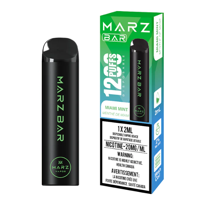 MARZ BAR 1200 disposable vape with Miami Mint flavor, delivering 1200 puffs and 20mg/ml nicotine.