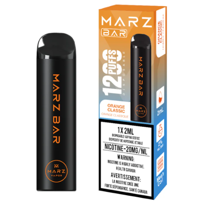 MARZ BAR 1200 Orange Classic disposable vape with 1200 puffs, featuring nicotine 20mg/ml, sleek design and vibrant packaging.