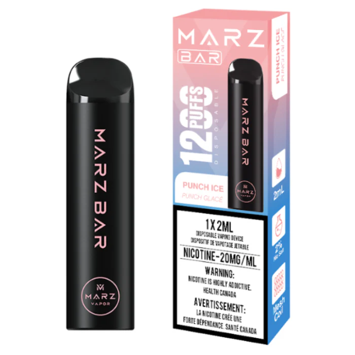 MARZ BAR 1200 Punch Ice disposable vape device with 1200 puffs, 20mg/ml nicotine, and vibrant packaging.