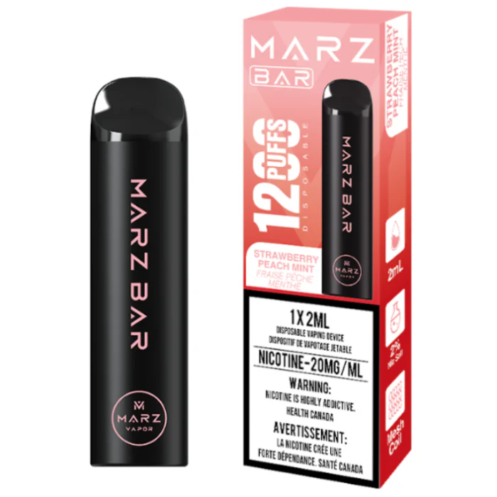 MARZ BAR 1200 disposable vape device in Strawberry Peach Mint flavor with packaging, offering 126 puffs.