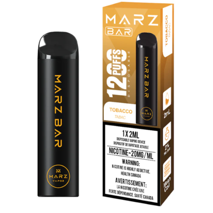 MARZ BAR 1200 Tobacco disposable vaping device with warning label and packaging, featuring 1200 puffs.