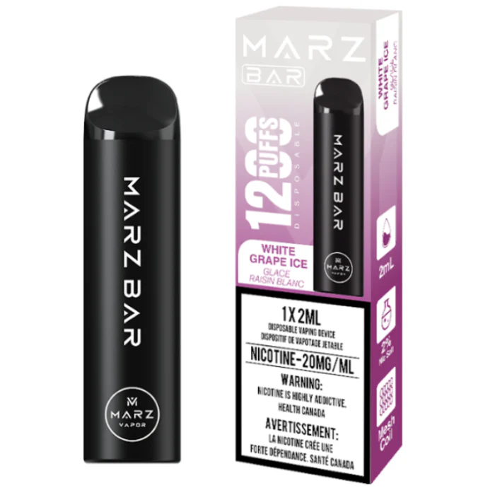 MARZ BAR 1200 disposable vape pen, White Grape Ice flavor, 1200 puffs, nicotine content 20mg/ml.