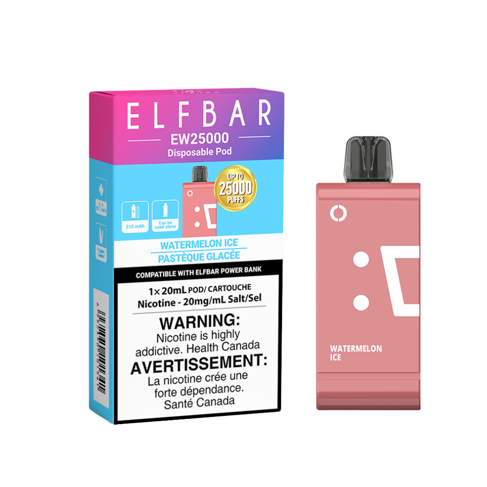 ELFBAR EW 25k Pod in Watermelon Ice flavor, disposable vape with 25000 puffs, nicotine information included.