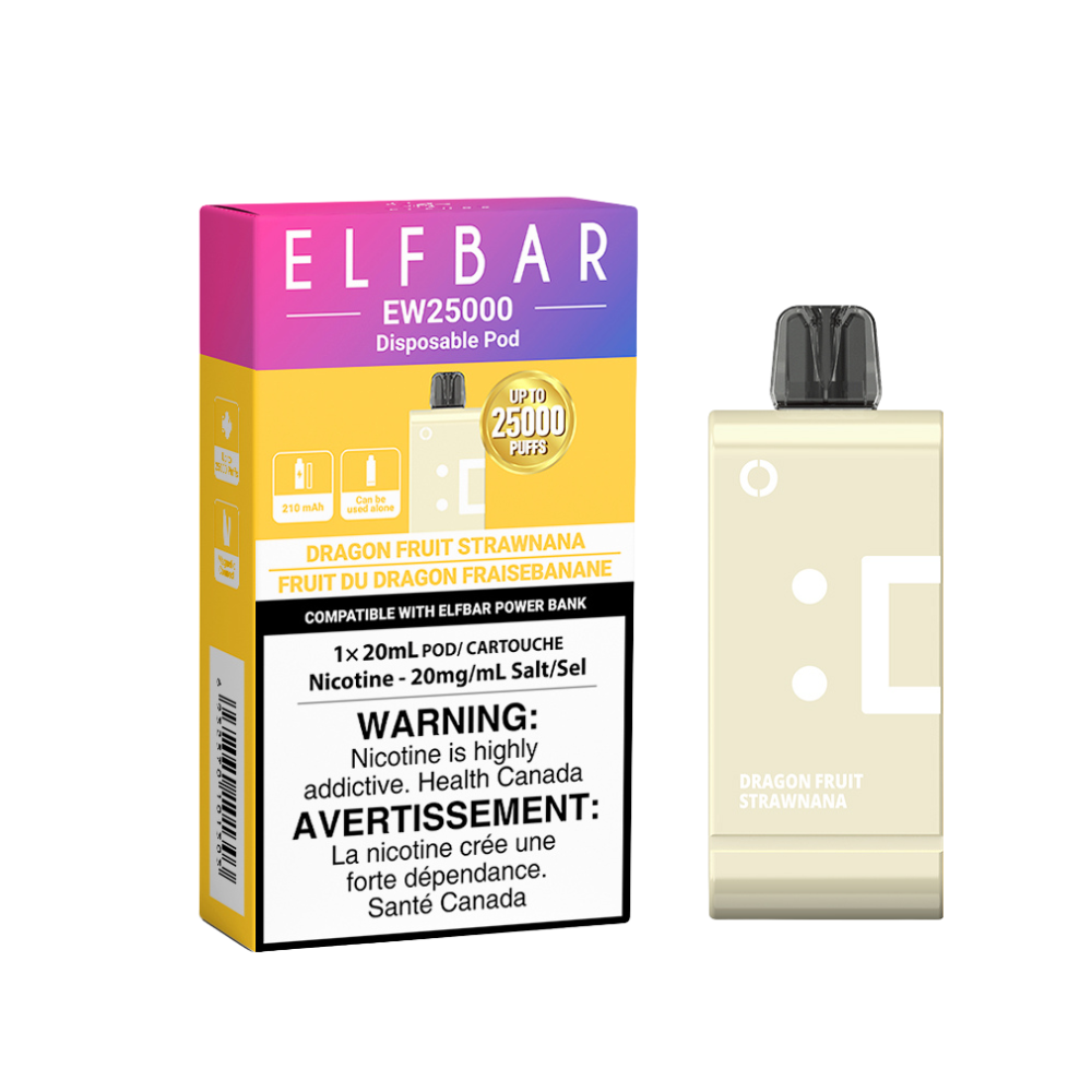 ELFBAR EW 25k Pod in Dragon Fruit Strawnana flavor, featuring a disposable design and nicotine warning.