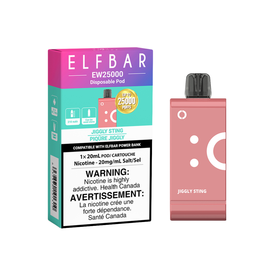 ELFBAR EW 25k Pod JIGGLY STING disposable vape with packaging, offering up to 25000 puffs and 20mg/mL nicotine.