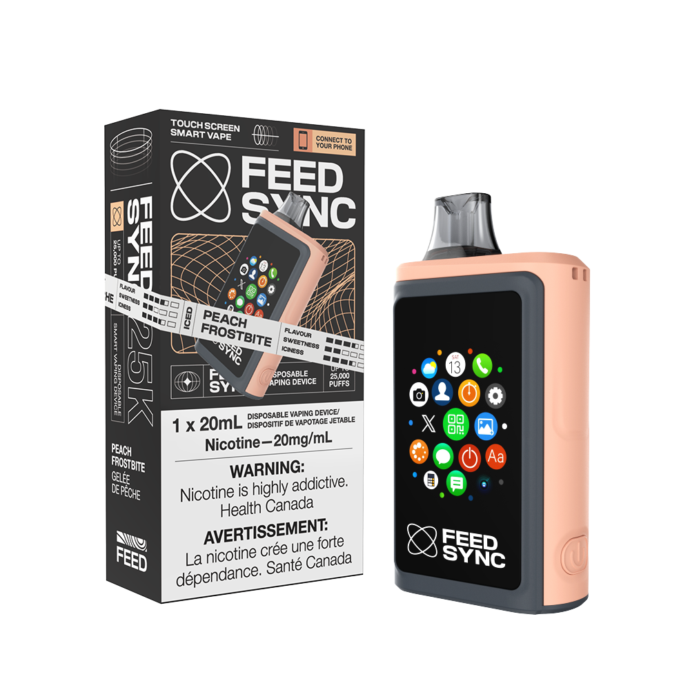 FEED SYNC 25k disposable vape in Peach Frostbite flavor, featuring smart touchscreen and nicotine warning.