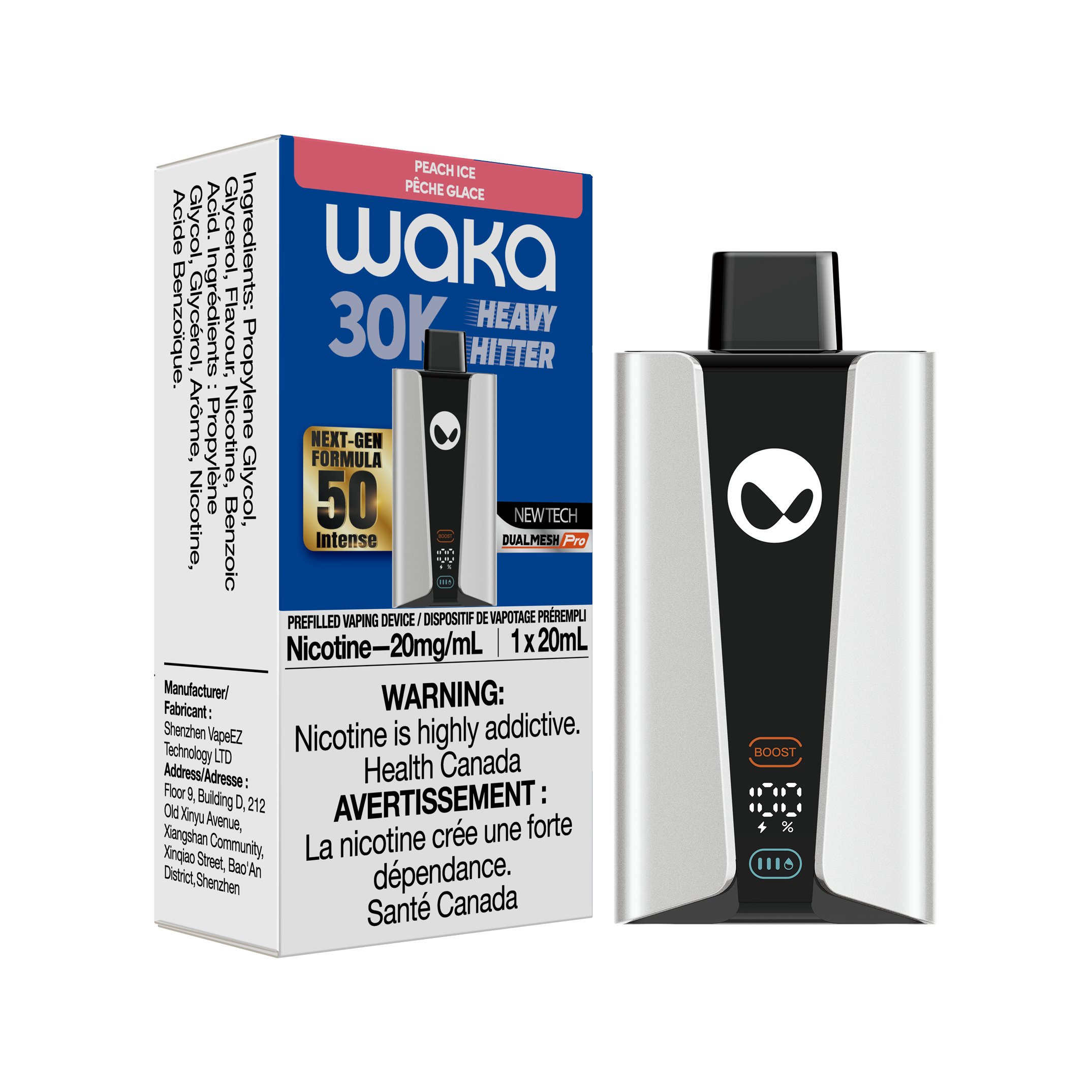 WAKA 30K Peach Ice vaping device with packaging, featuring nicotine warning and next-gen formula.