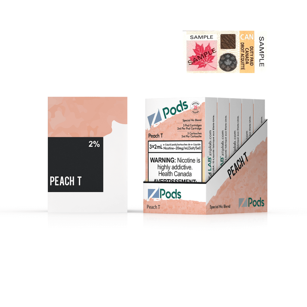 ZPODS Peach T vaping product with 2% nicotine, packaging features abstract peach design, and includes sample labels.