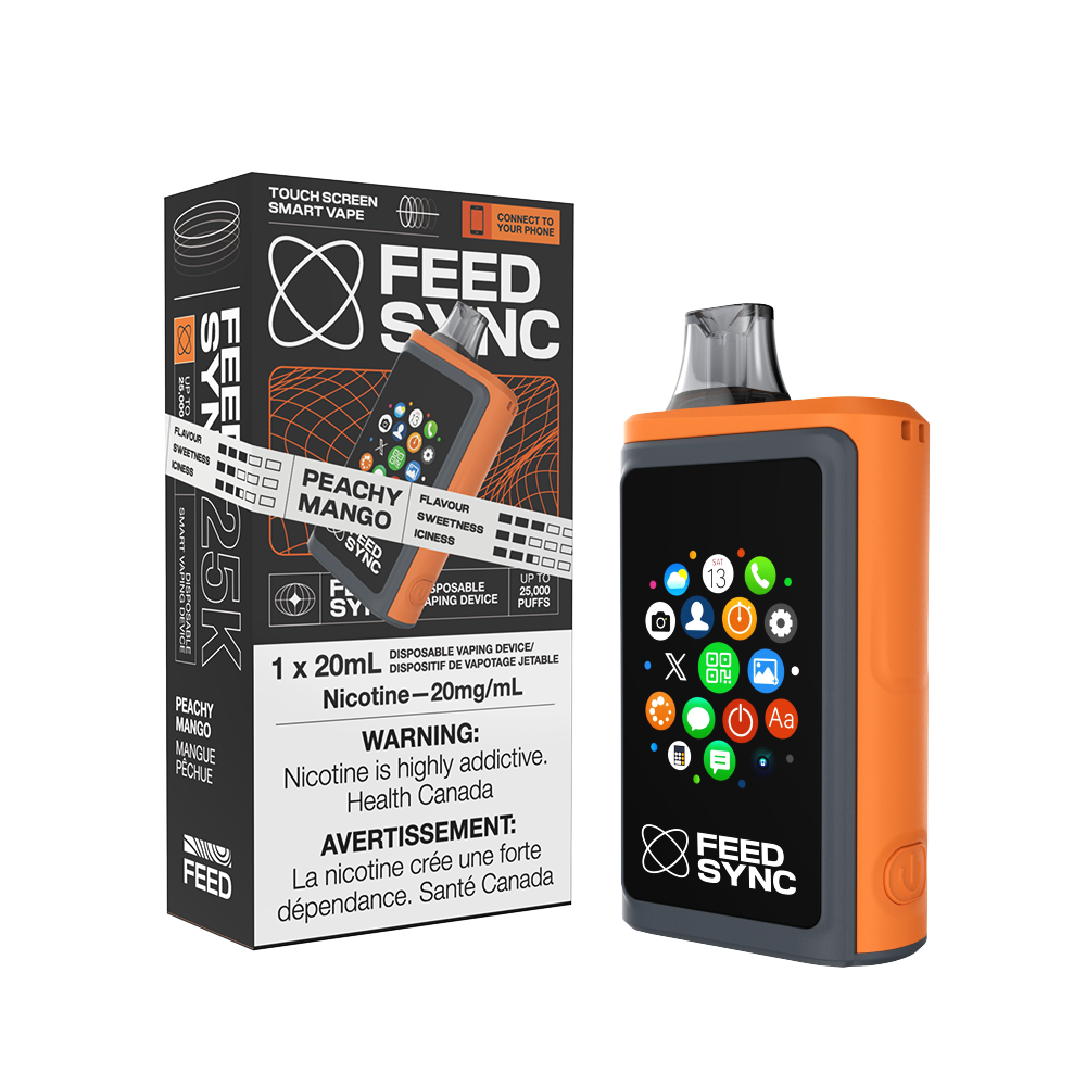 FEED SYNC 25K disposable vape in Peachy Mango flavor with touchscreen, nicotine warning, and colorful interface.