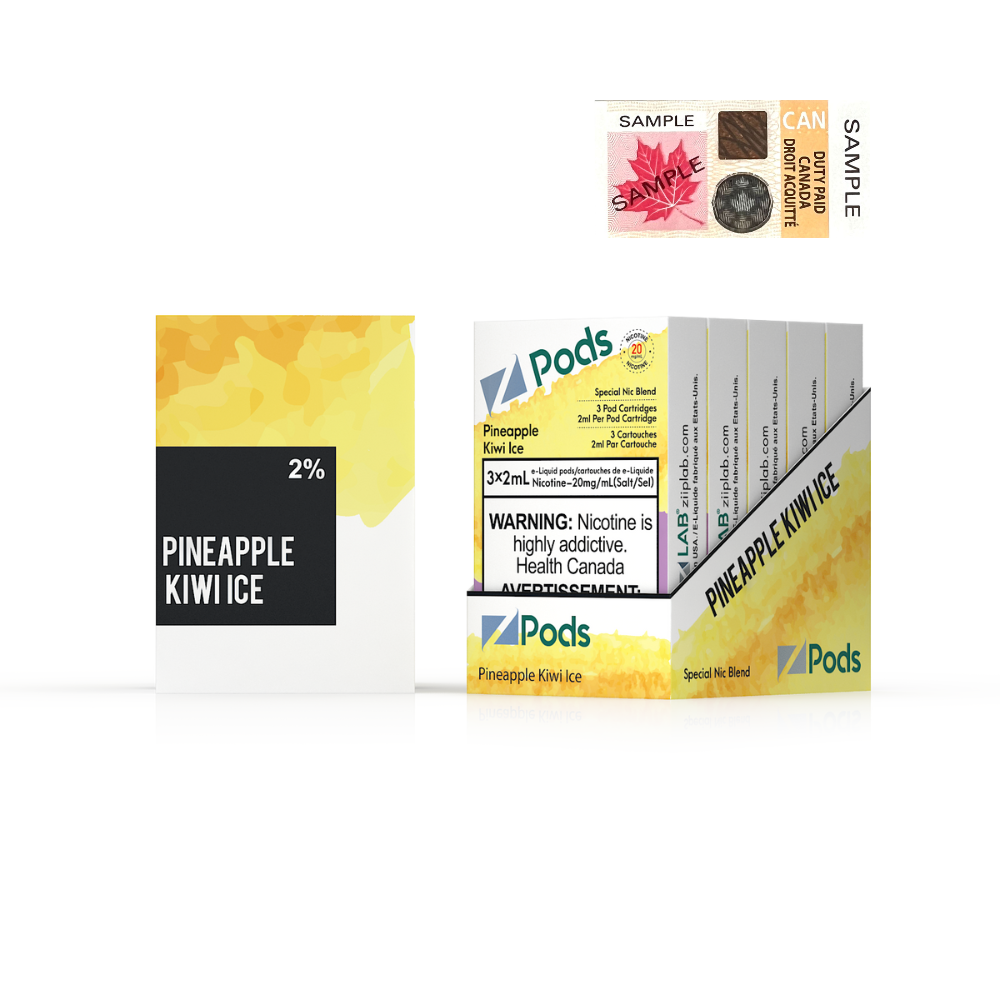 ZPODS Pineapple Kiwi Ice vape pods packaging with warning label, vibrant yellow design, and sample cards.