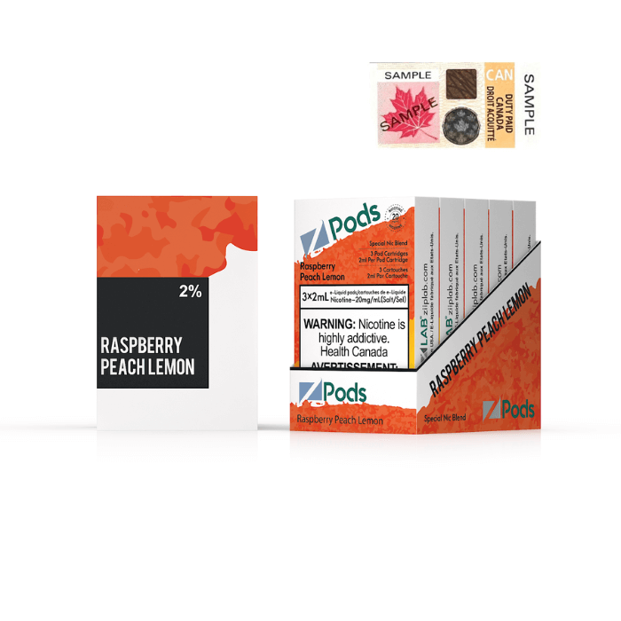 ZPODS Raspberry Peach Lemon vape pods with warning label and sample pack, featuring a vibrant design.