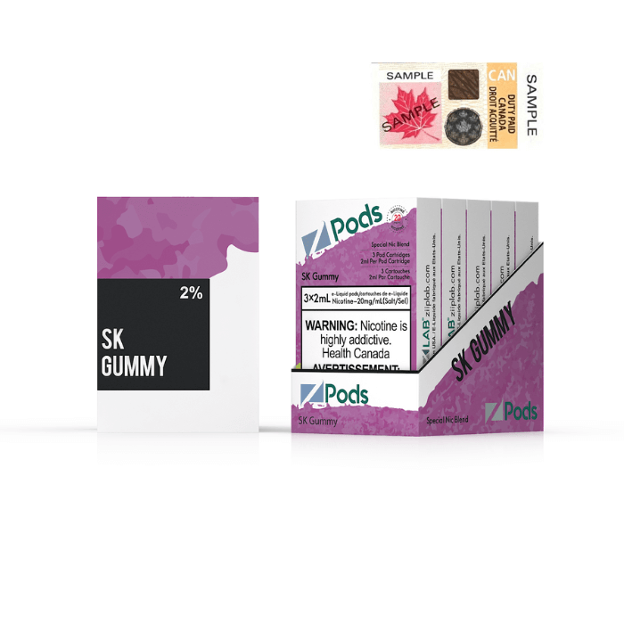 ZPODS SK Gummy vape product box displaying 2% nicotine strength, featuring multiple flavor pods and health warning.