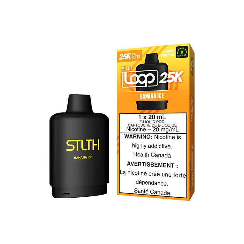 STLTH Loop 25K Banana Ice vape pod with nicotine warning and product packaging.