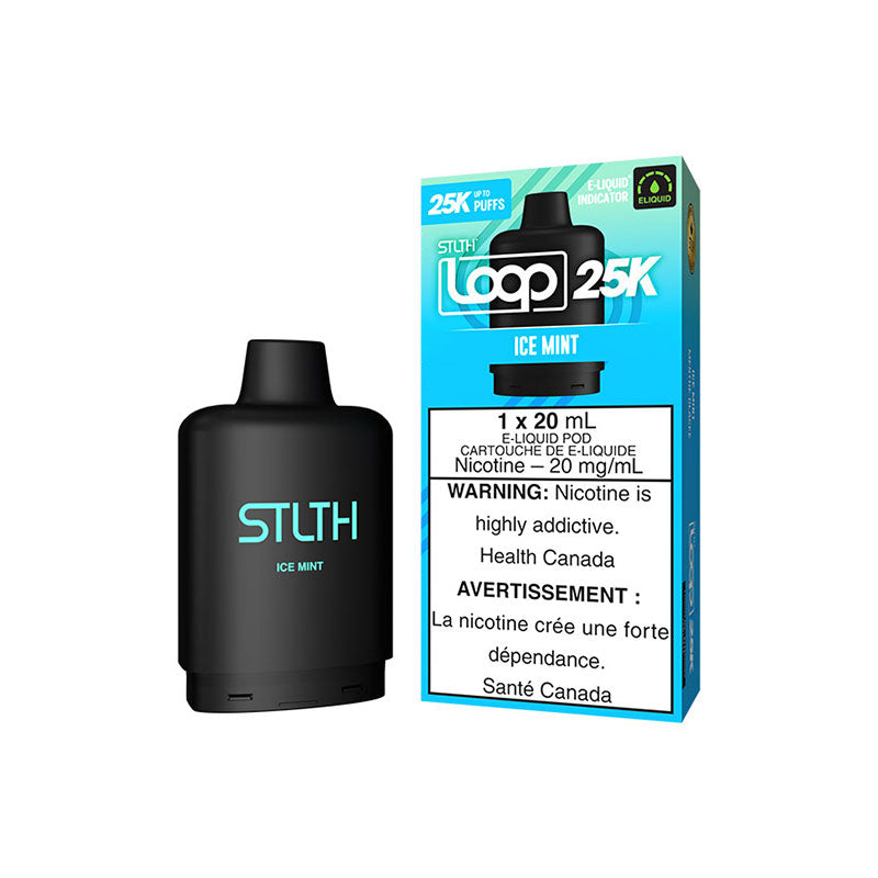 STLTH LOOP 25K Ice Mint vaping device with packaging, featuring 20 mg/mL nicotine, offering 25,000 puffs.