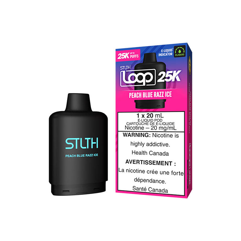 STLTH LOOP 25K Peach Blue Razz Ice vape pod, 20mL cartridge, 20mg/mL nicotine, 25K puffs, eye-catching packaging.