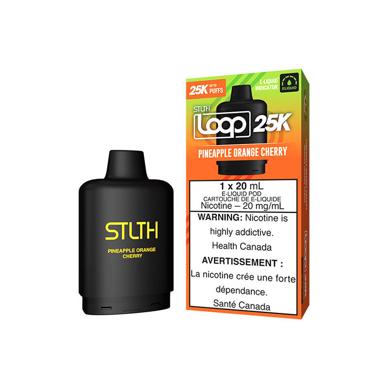 STLTH LOOP 25K vaping device, Pineapple Orange Cherry flavor, 25K puffs, nicotine 20mg/mL cartridge.