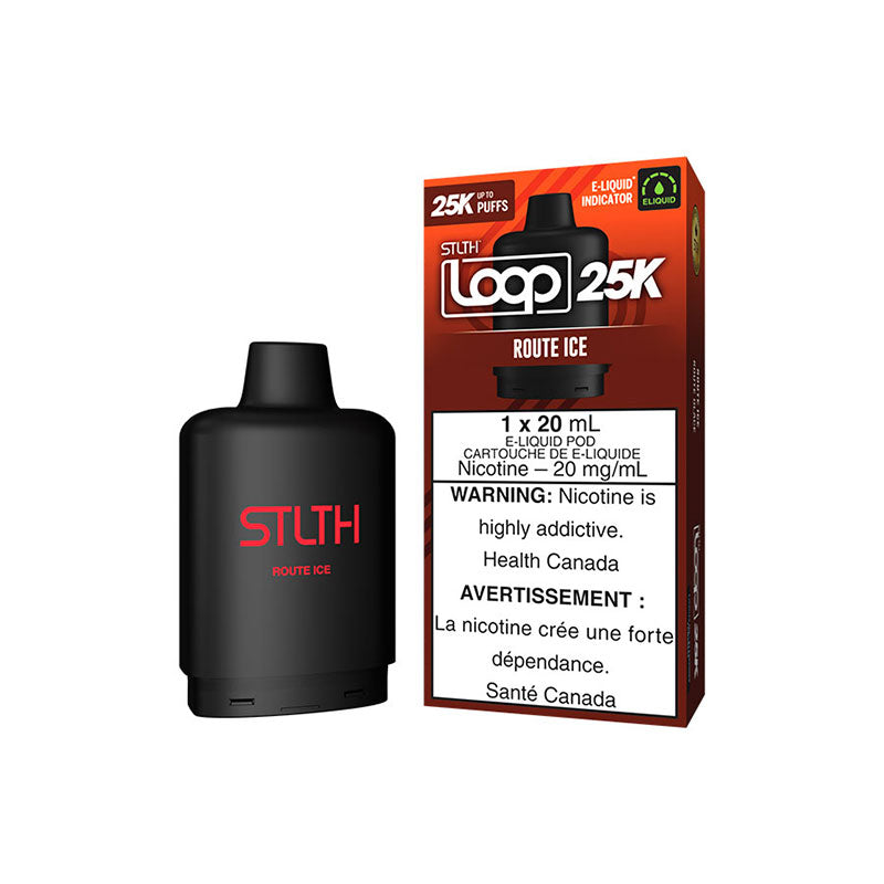 STLTH LOOP 25K Route Ice vape pod with packaging, offering 25,000 puffs and 20mg/mL nicotine strength.