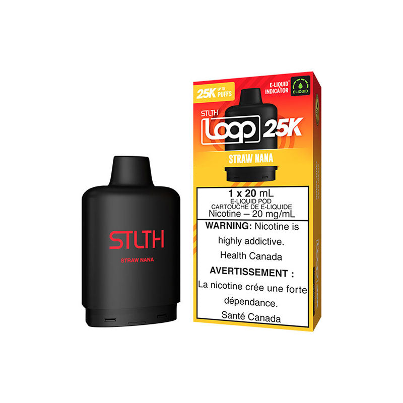 STLTH LOOP 25K - STRAWNANA vape pod with packaging, featuring 20mg/mL nicotine and a flavor description.