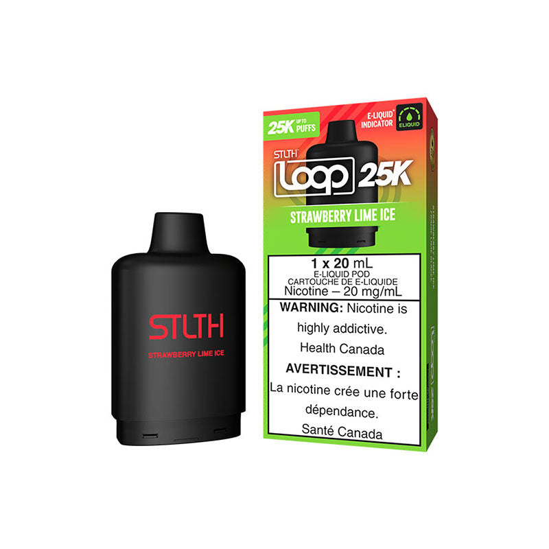 STLTH LOOP 25K Strawberry Lime Ice vape device and packaging, offering 25,000 puffs and 20 mg/ml nicotine.