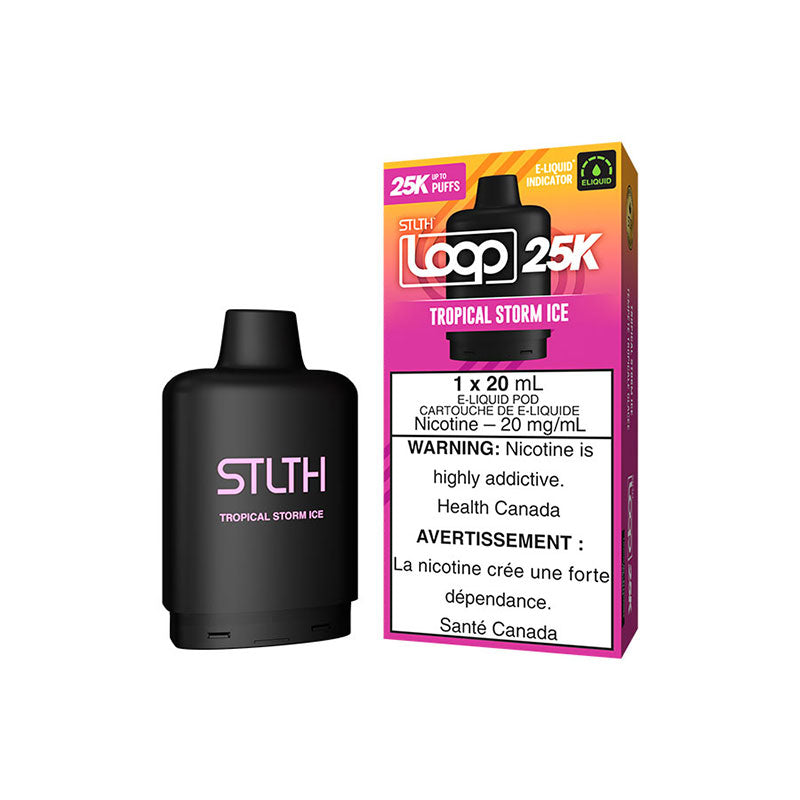 STLTH LOOP 25K Tropical Storm Ice vape pod with 20mg/mL nicotine and colorful packaging, ideal for a refreshing experience.