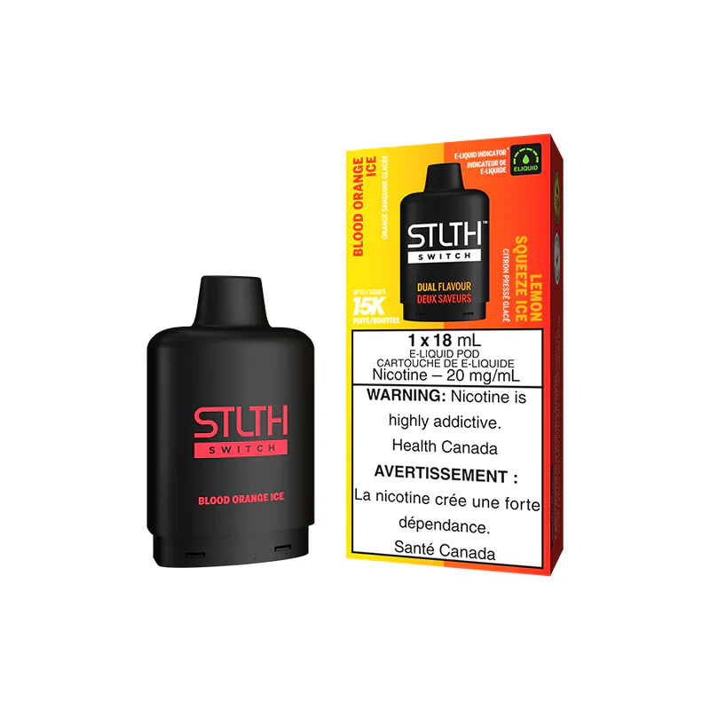 STLTH Switch 15K device with Blood Orange Ice and Lemon Squeeze Ice flavor packaging, featuring warning labels and nicotine content.