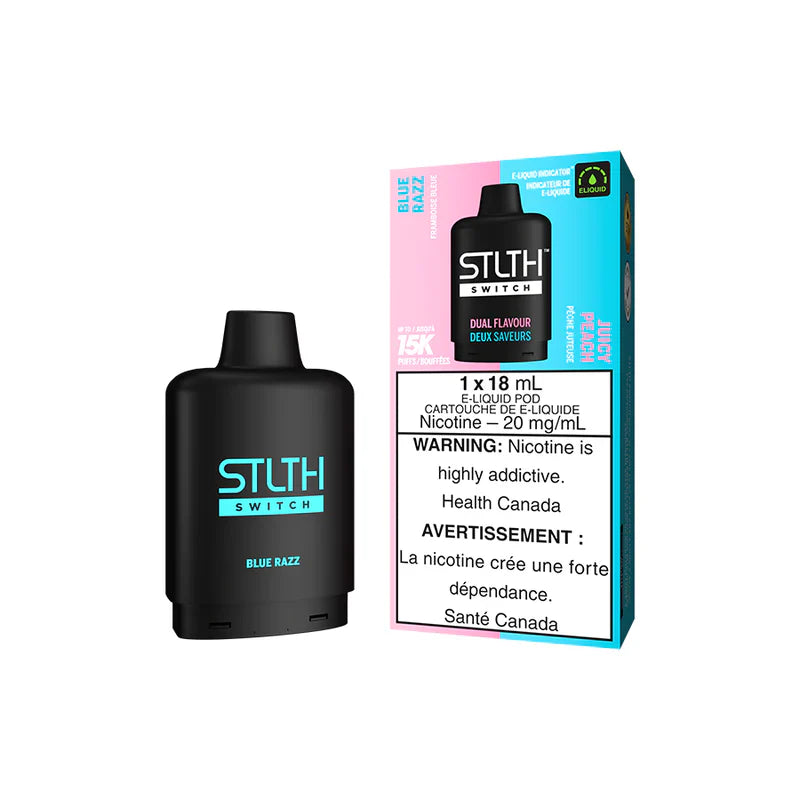 STLTH SWITCH 15K device with Blue Razz and Juicy Peach flavors, showcasing sleek design and health warnings.