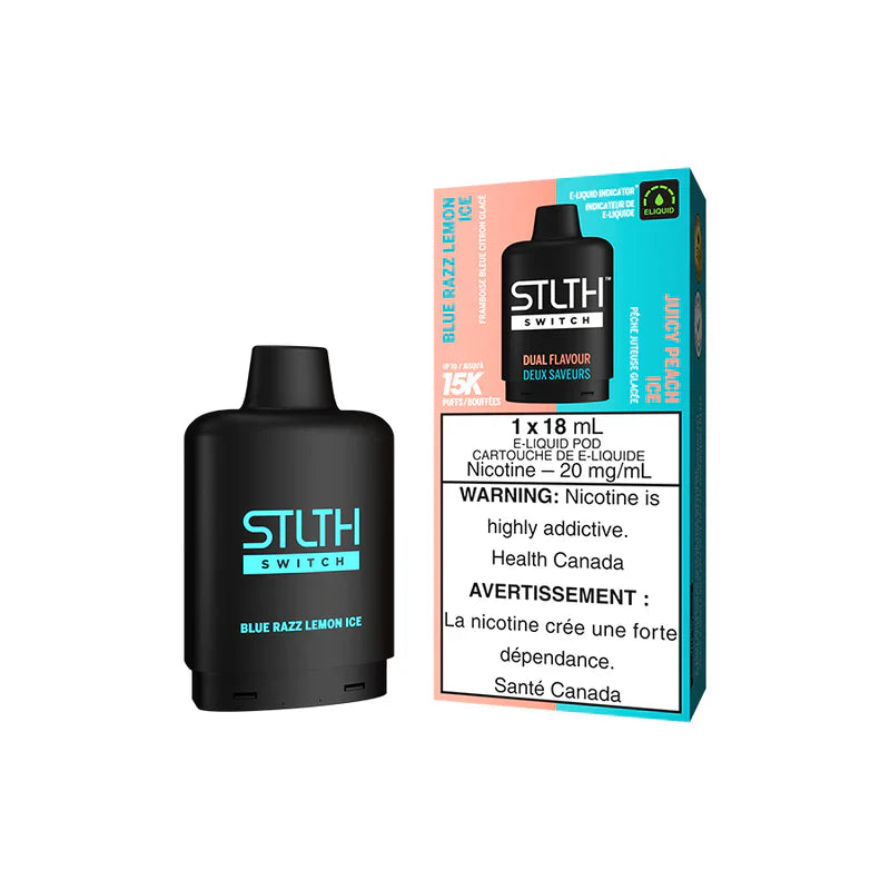 STLTH SWITCH 15K vape device with Blue Razz Lemon Ice and Juicy Peach Ice flavors, featuring nicotine content warning.