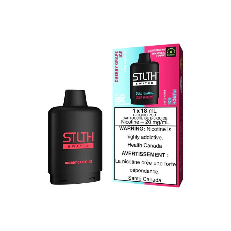 STLTH SWITCH 15K - Cherry Grape Ice and Punch Ice vape product packaging and device image.