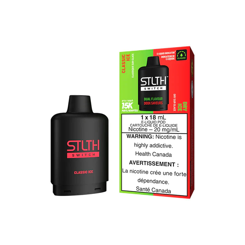 STLTH SWITCH 15K device with Classic Ice and Dry Ice flavors, nicotine content 20 mg/mL, dual flavor vaping system.