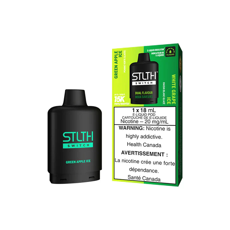 STLTH SWITCH 15K device with Green Apple Ice and White Grape Ice flavors, nicotine warning and health information.