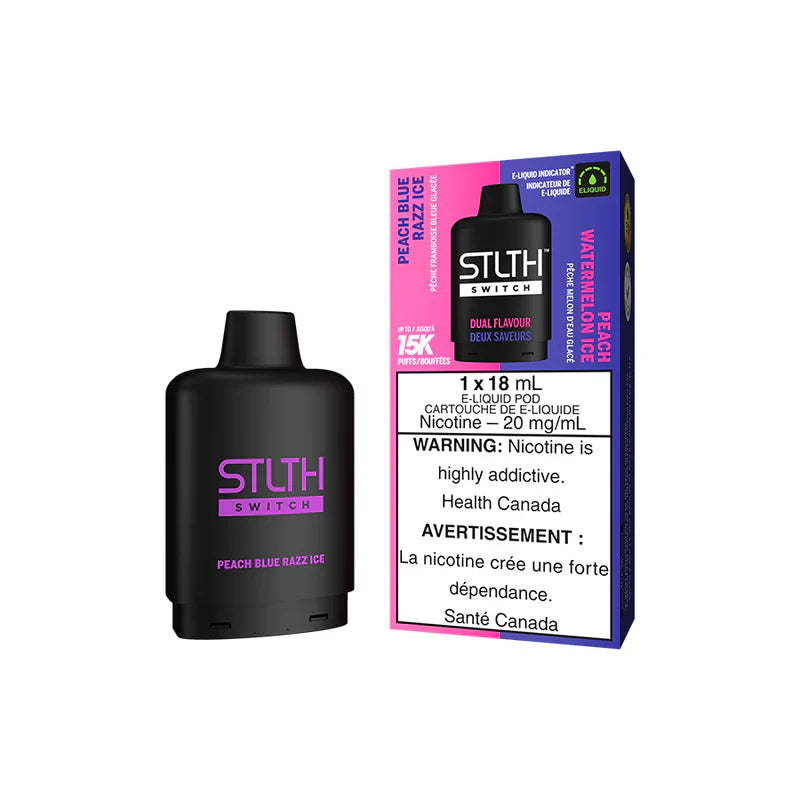 STLTH SWITCH 15K device in Peach Blue Razz Ice and Peach Watermelon Ice flavors, featuring nicotine warning label.