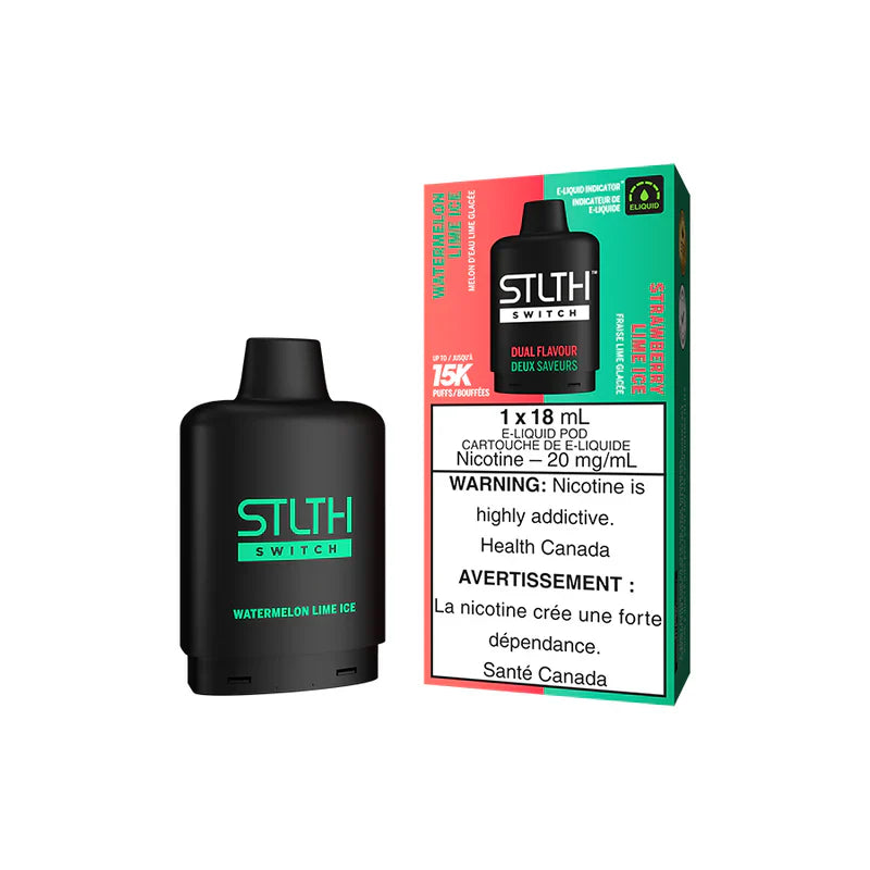 STLTH SWITCH 15K device featuring Watermelon Lime Ice flavor, with nicotine warning and Health Canada label.