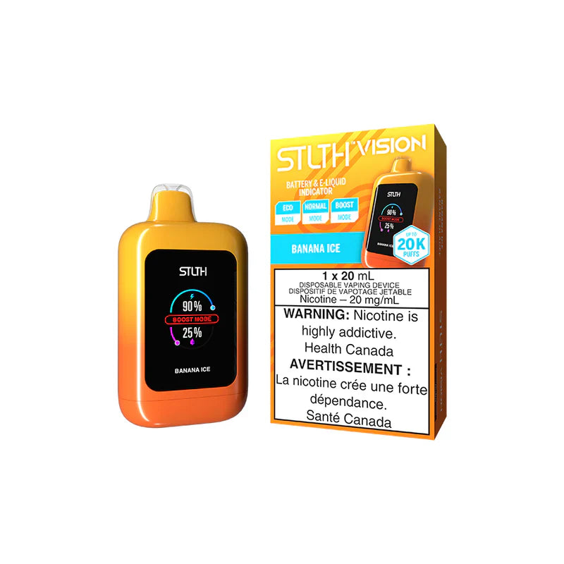 STLTH VISION 20K device in Banana Ice flavor, showcasing battery status and warning labels for nicotine content.