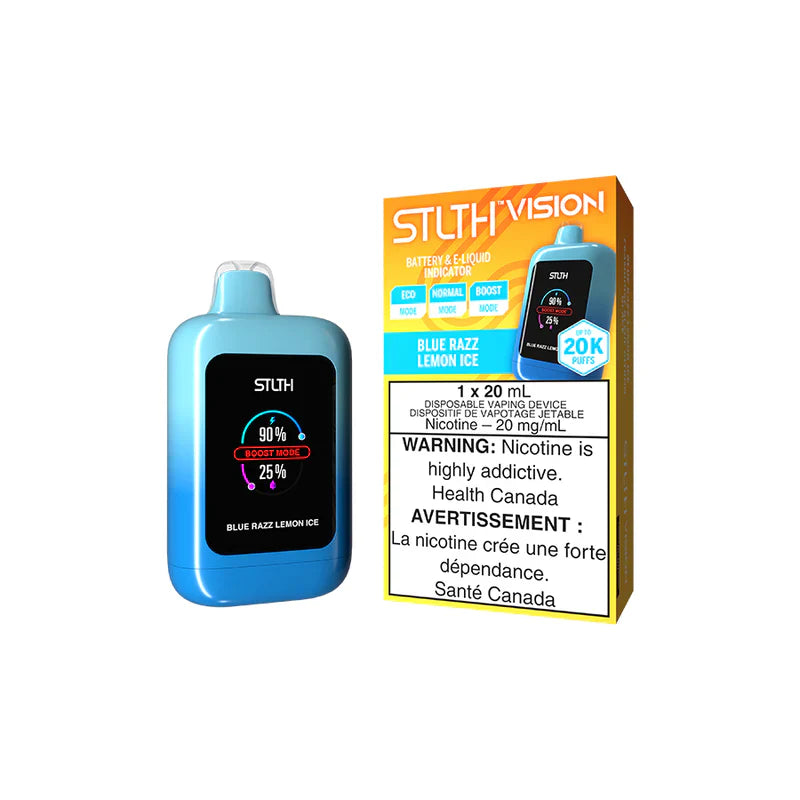 STLTH VISION 20K - Blue Razz Lemon Ice vape device with battery and flavor information on packaging.