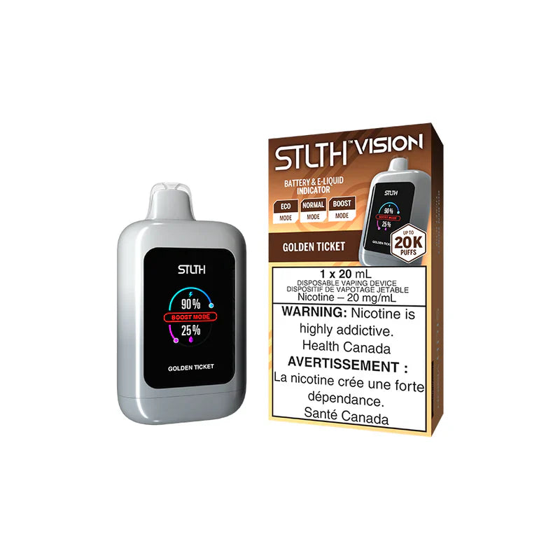 STLTH VISION 20K Golden Ticket vape device with battery indicator and warning label on box.