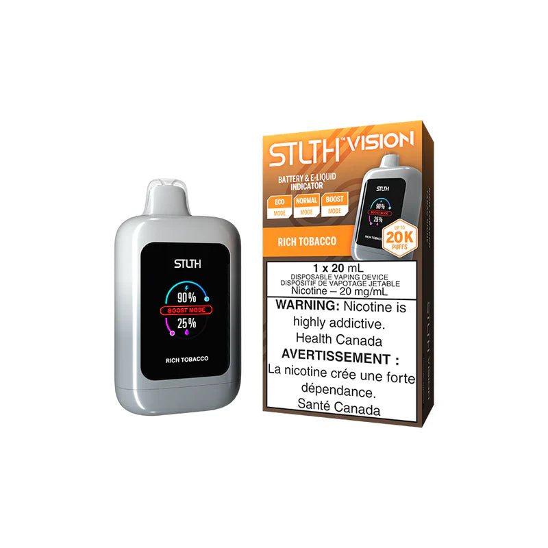 STLTH VISION 20K Rich Tobacco vape device with battery and flavour indicators on packaging.