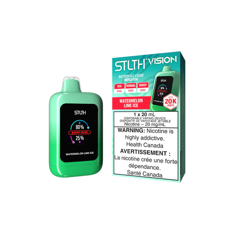 STLTH VISION 20K Watermelon Lime Ice vape device with digital display, showing battery status and nicotine warning.