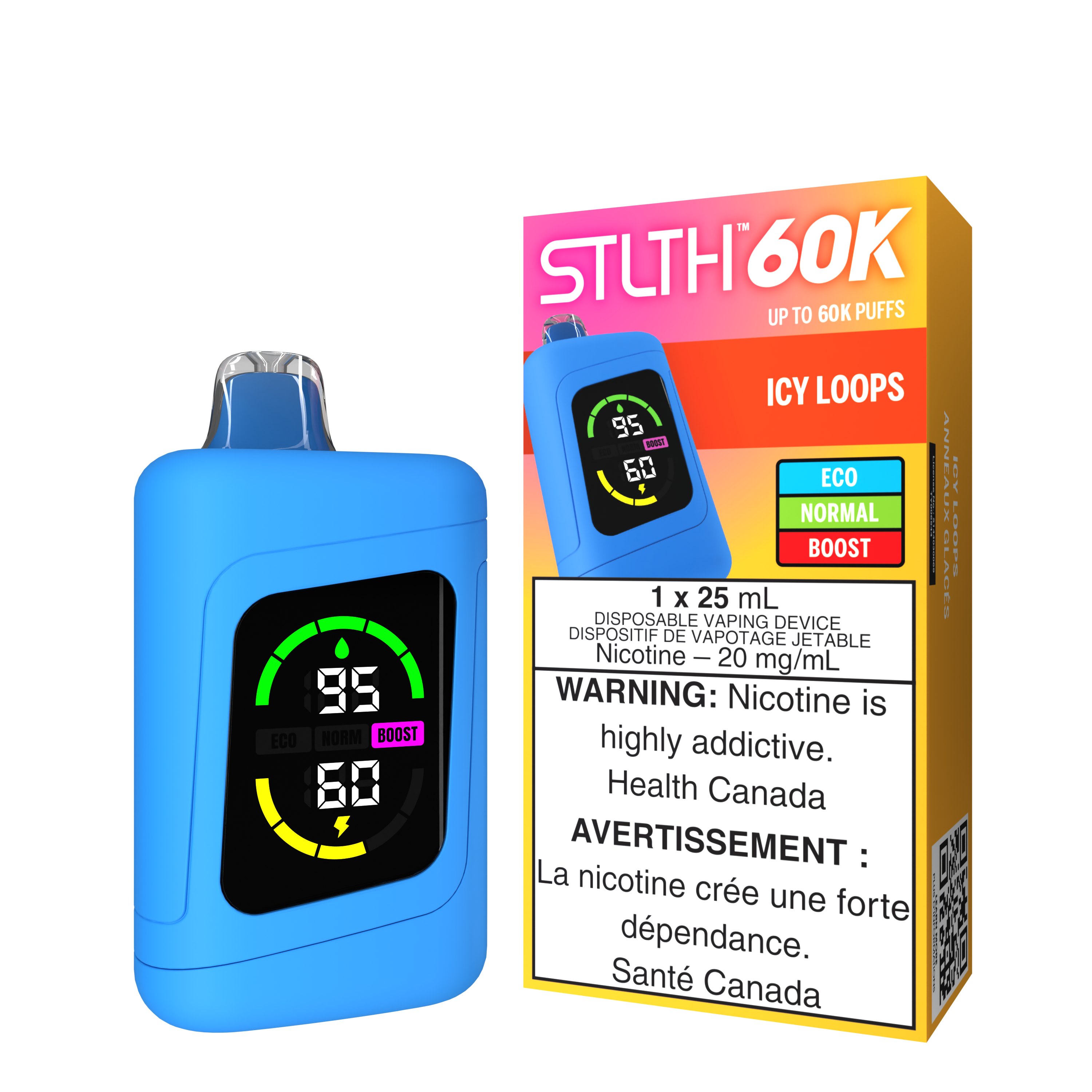 STLTH 60K Disposable vaping device in icy loops flavor with blue packaging and digital display for nicotine use.