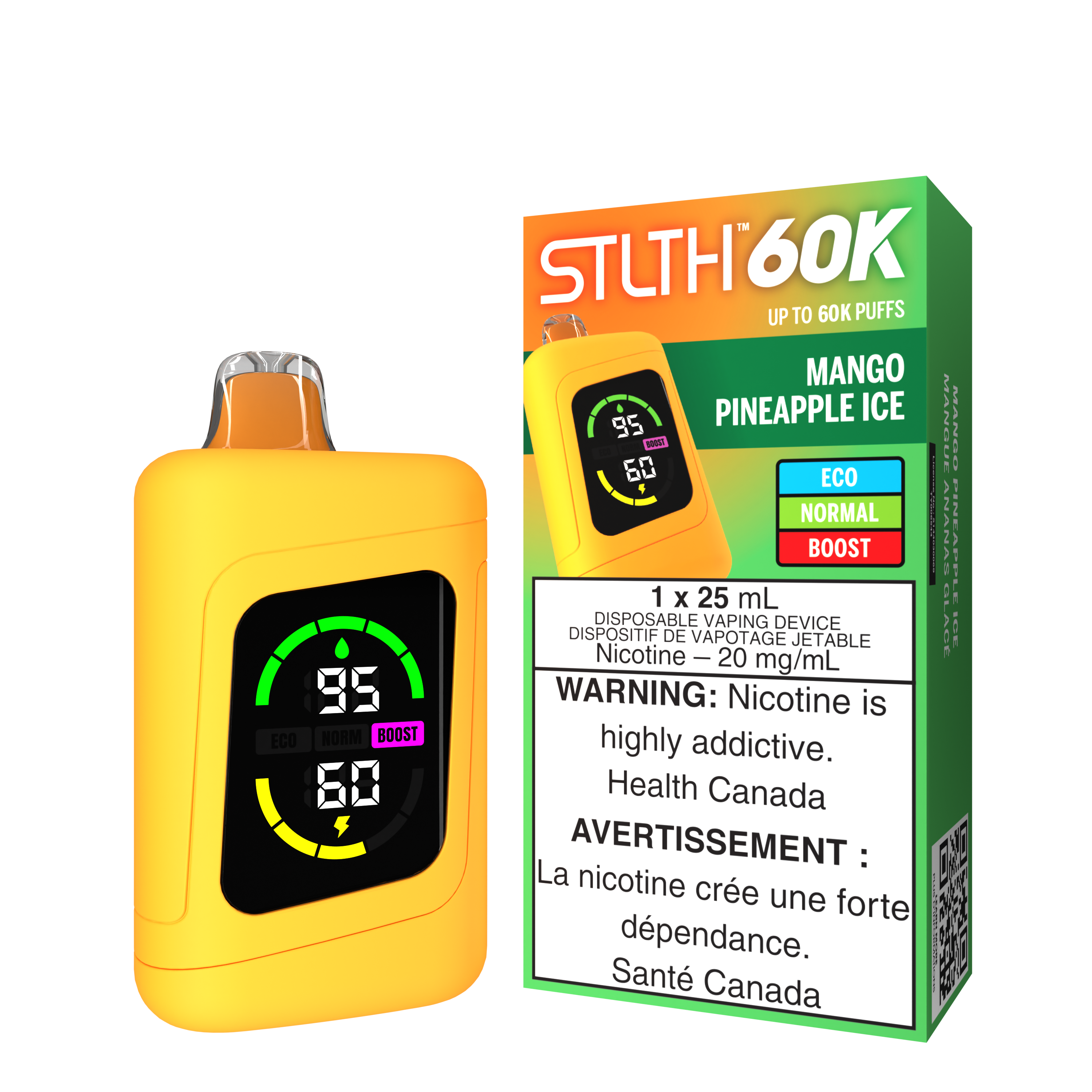 STLTH 60K disposable vaping device in Mango Pineapple Ice flavor, featuring a bright yellow design and health warnings.