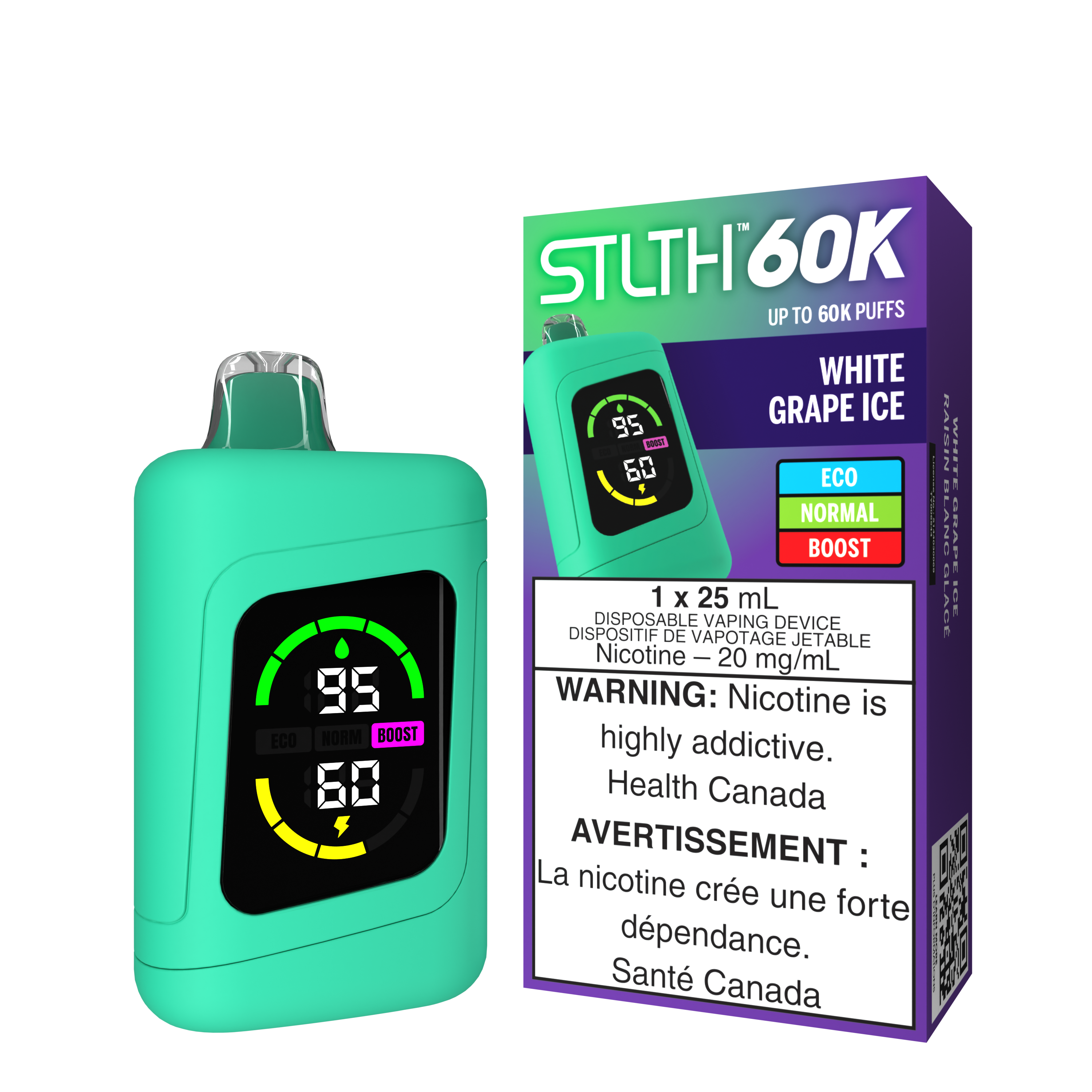 STLTH 60K Disposable Vaping Device in White Grape Ice flavor with eco, normal, and boost settings.