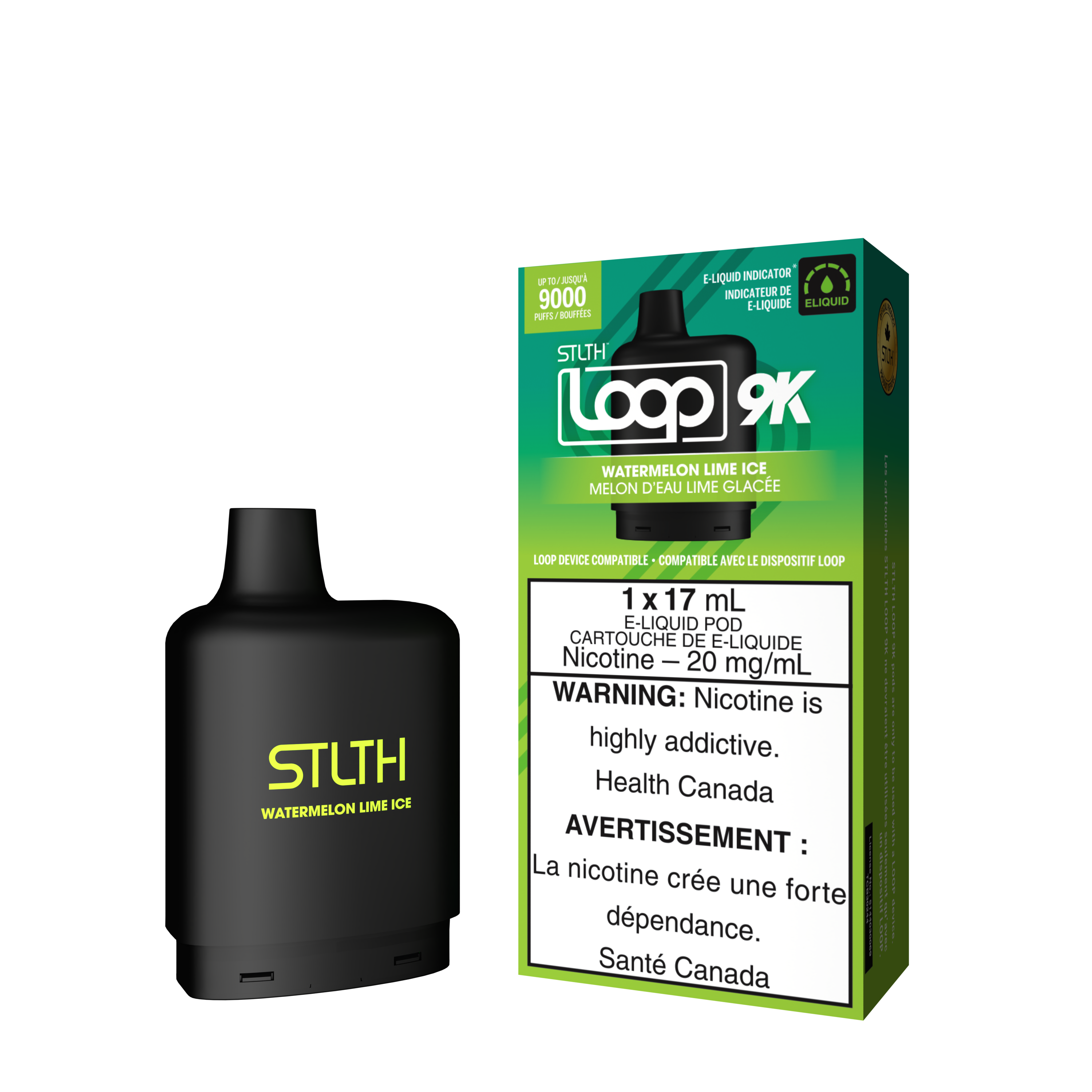 STLTH LOOP 9K Watermelon Lime Ice vape pod, featuring 9000 puffs and high nicotine content, with warning labels.