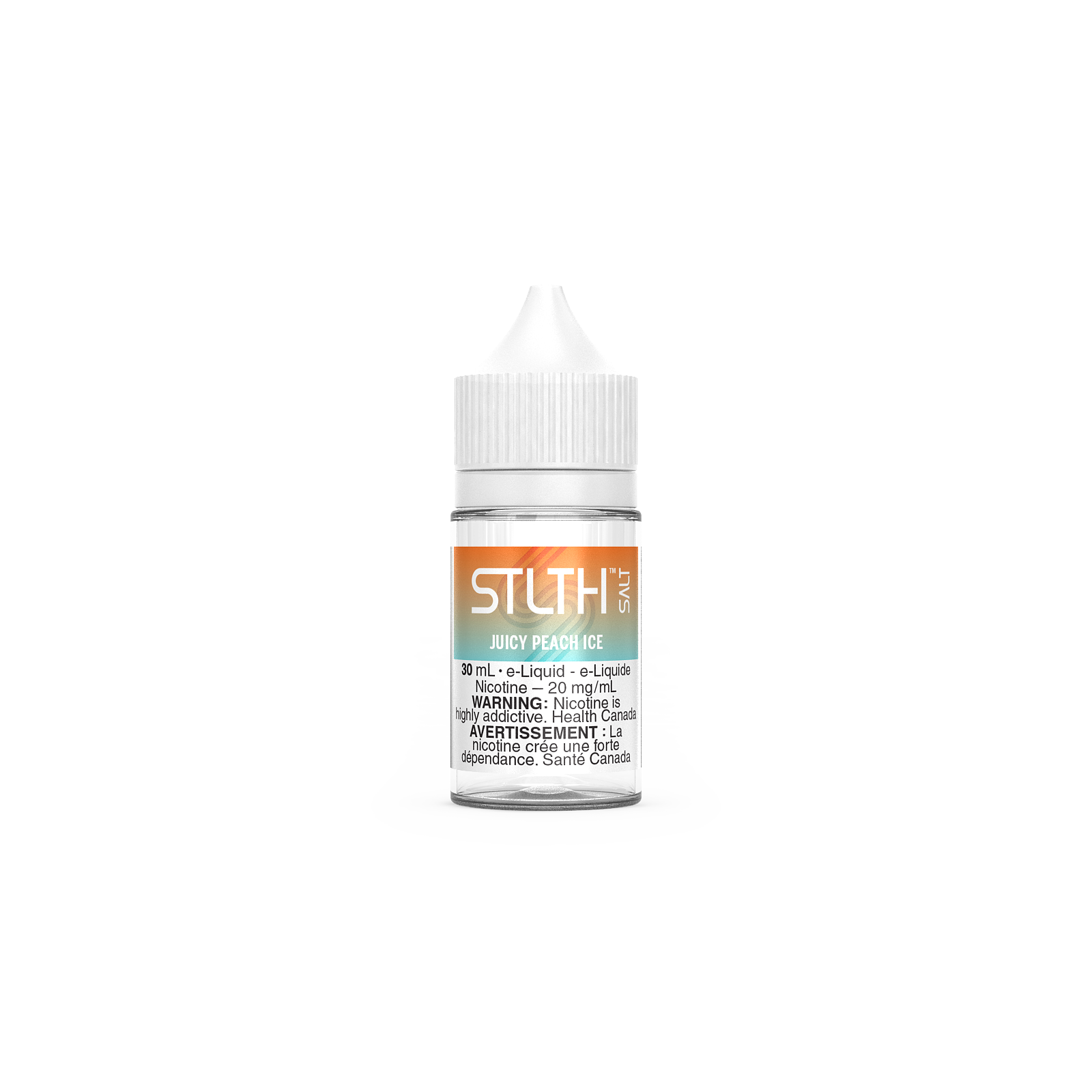 STLTH Juicy Peach Ice 20MG e-liquid, 30ML bottle, perfect for vaping enthusiasts.