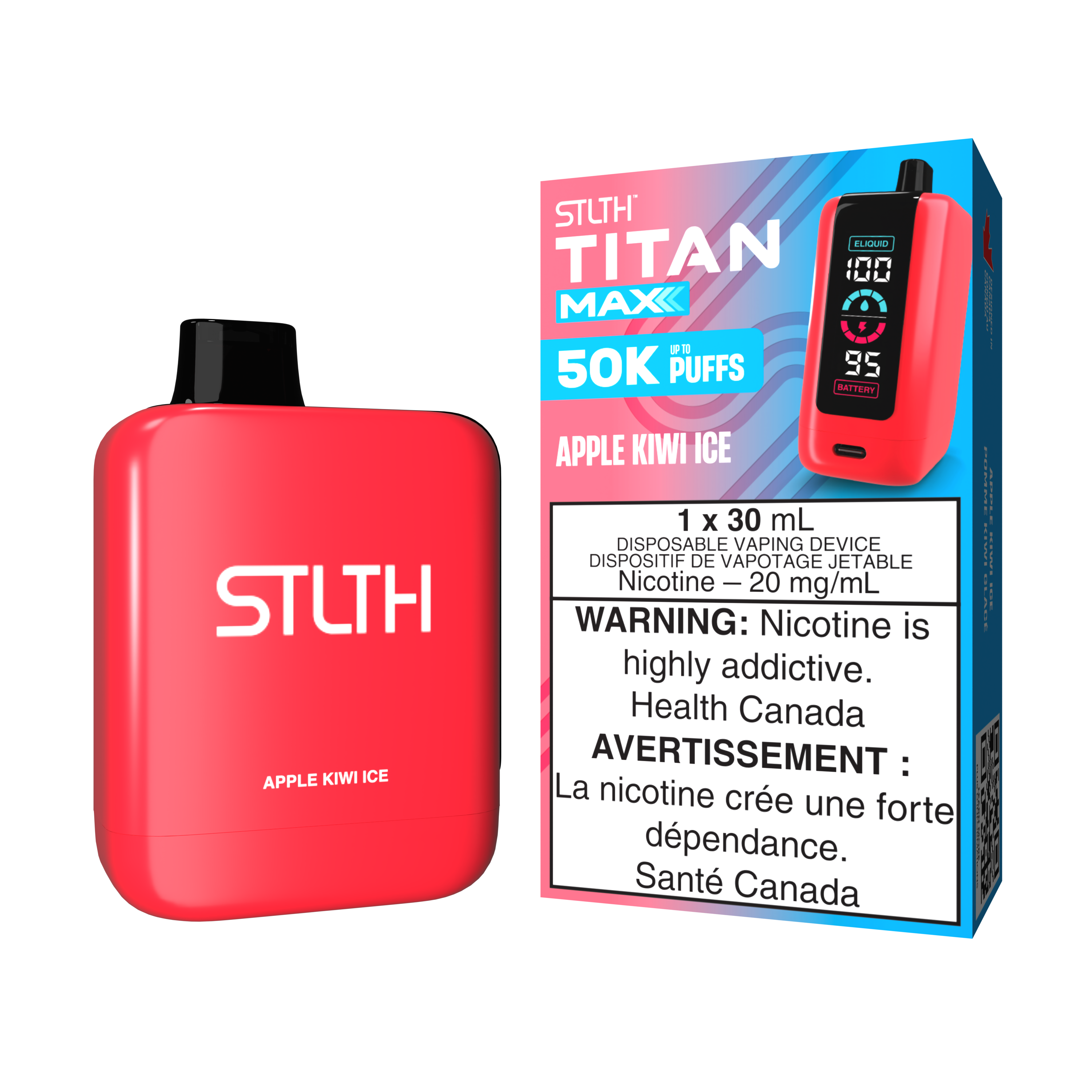 STLTH TITAN MAX Disposable Device Apple Kiwi Ice with icy blast and 50K puffs for a bold vaping experience.