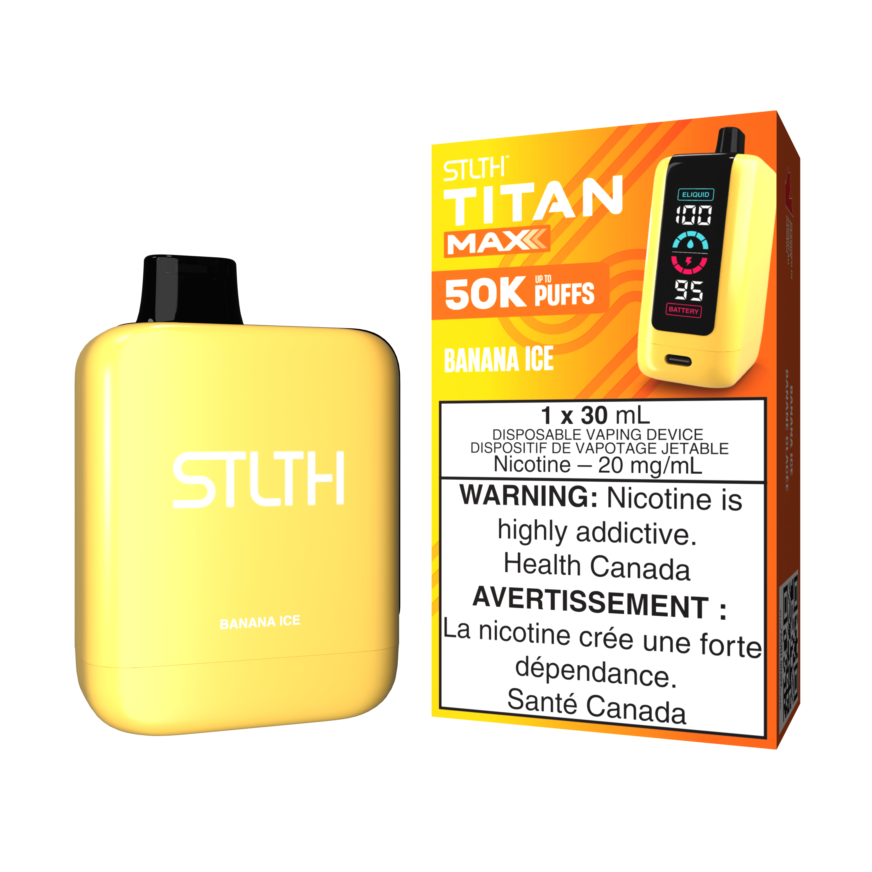 STLTH TITAN MAX Banana Ice disposable vape with 50K puffs, featuring sweet banana flavor and icy finish.