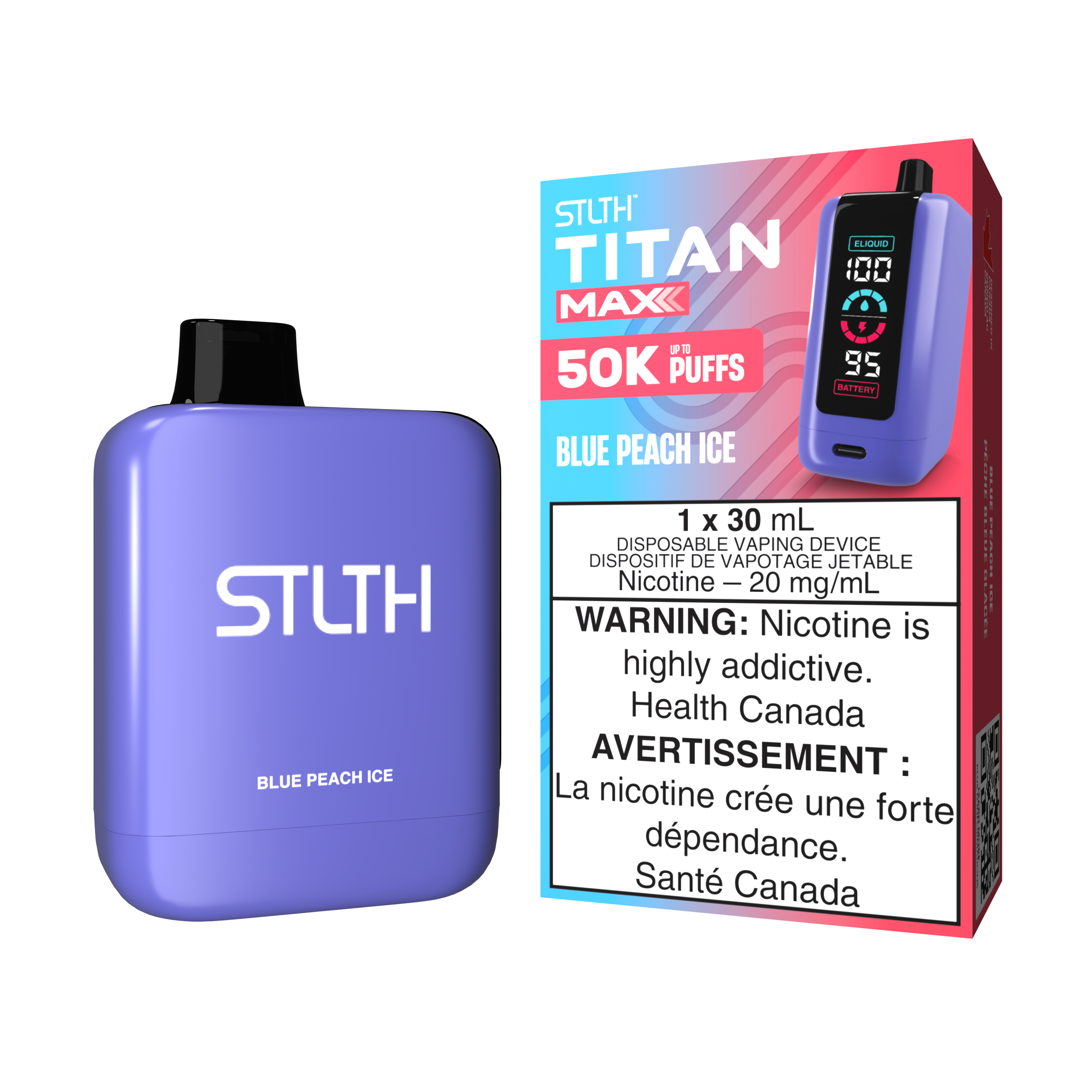 STLTH TITAN MAX in Blue Peach Ice flavor, offering 50K puffs with refreshing blue raspberry and peach blend.