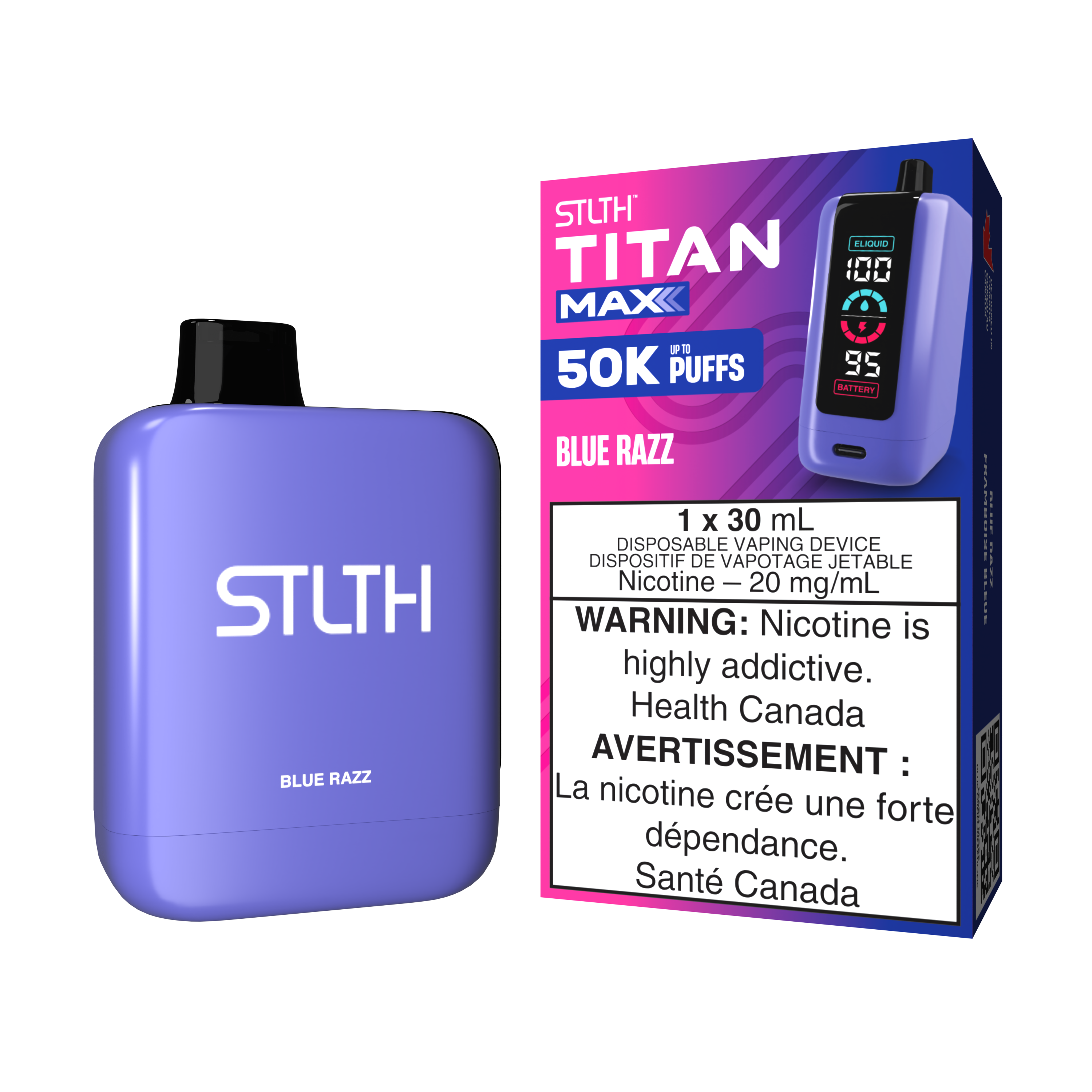 STLTH TITAN MAX Disposable vape in Blue Razz flavor, offering 50K puffs and 30ML of premium e-liquid.