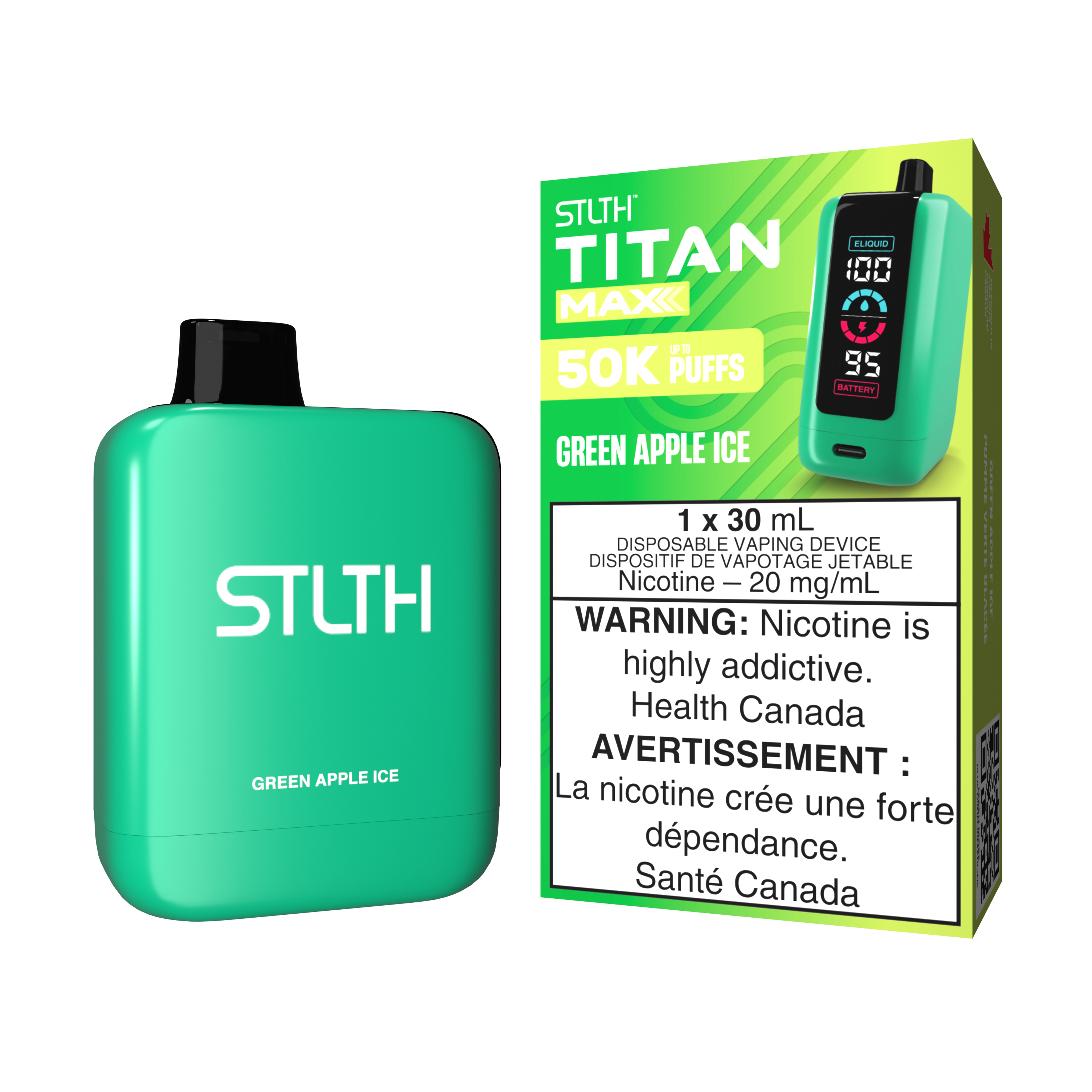 STLTH TITAN MAX Green Apple Ice disposable vape device with vibrant packaging.