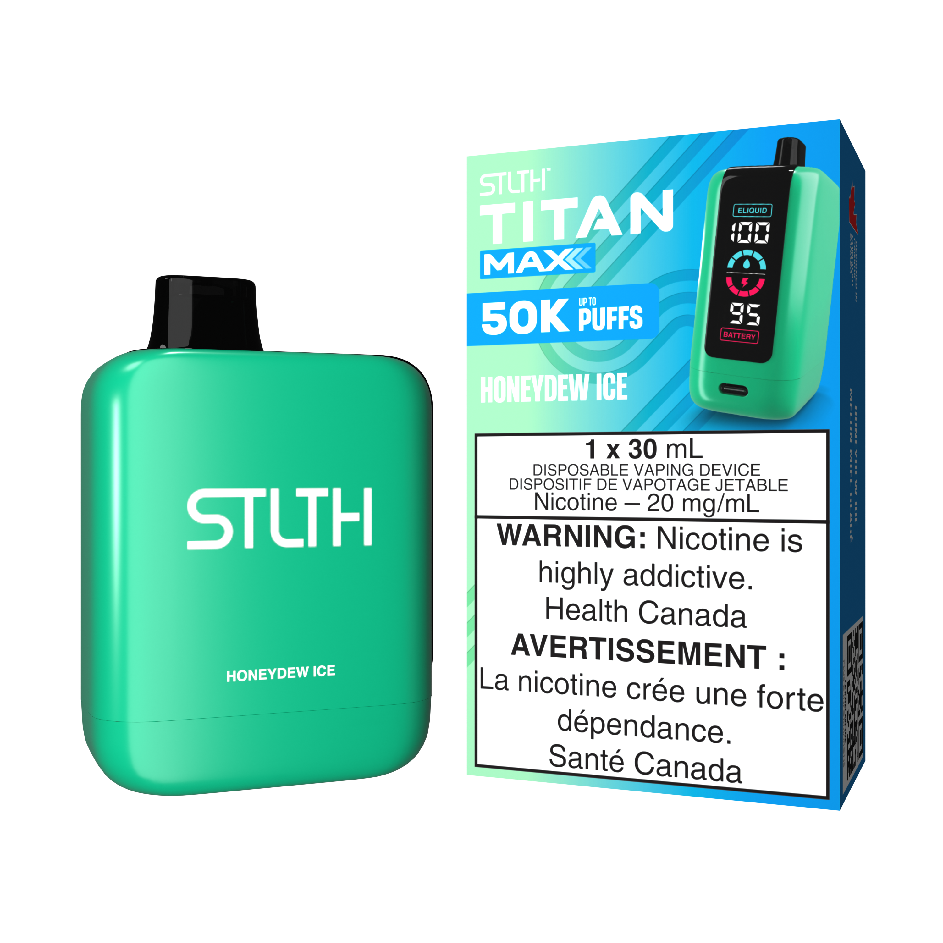 STLTH TITAN MAX disposable vape with Honeydew Ice flavor, offering 50K puffs and 30ML e-liquid capacity.