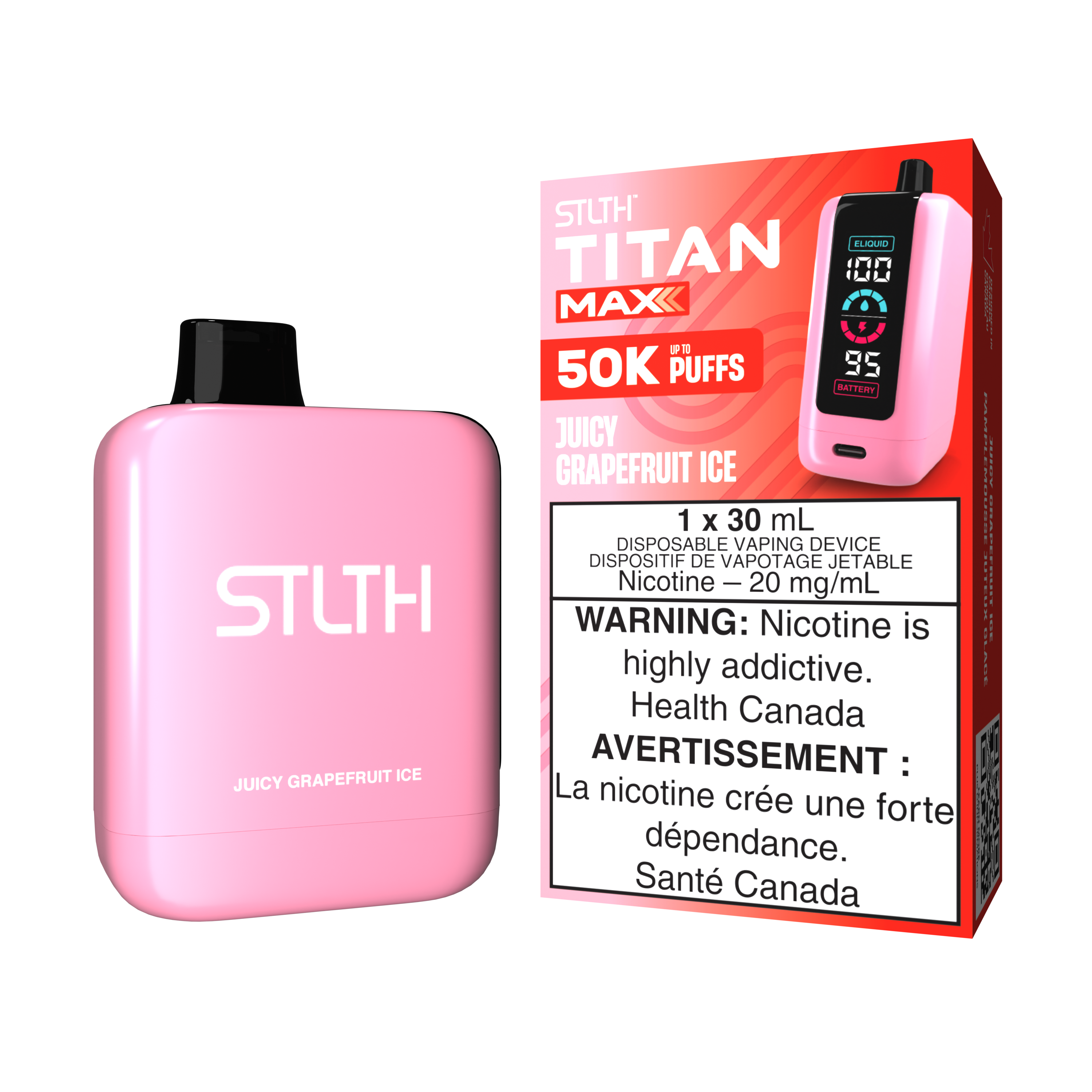 STLTH TITAN MAX Juicy Grapefruit Ice disposable vape, 50K puffs, 30ML, with health warnings.