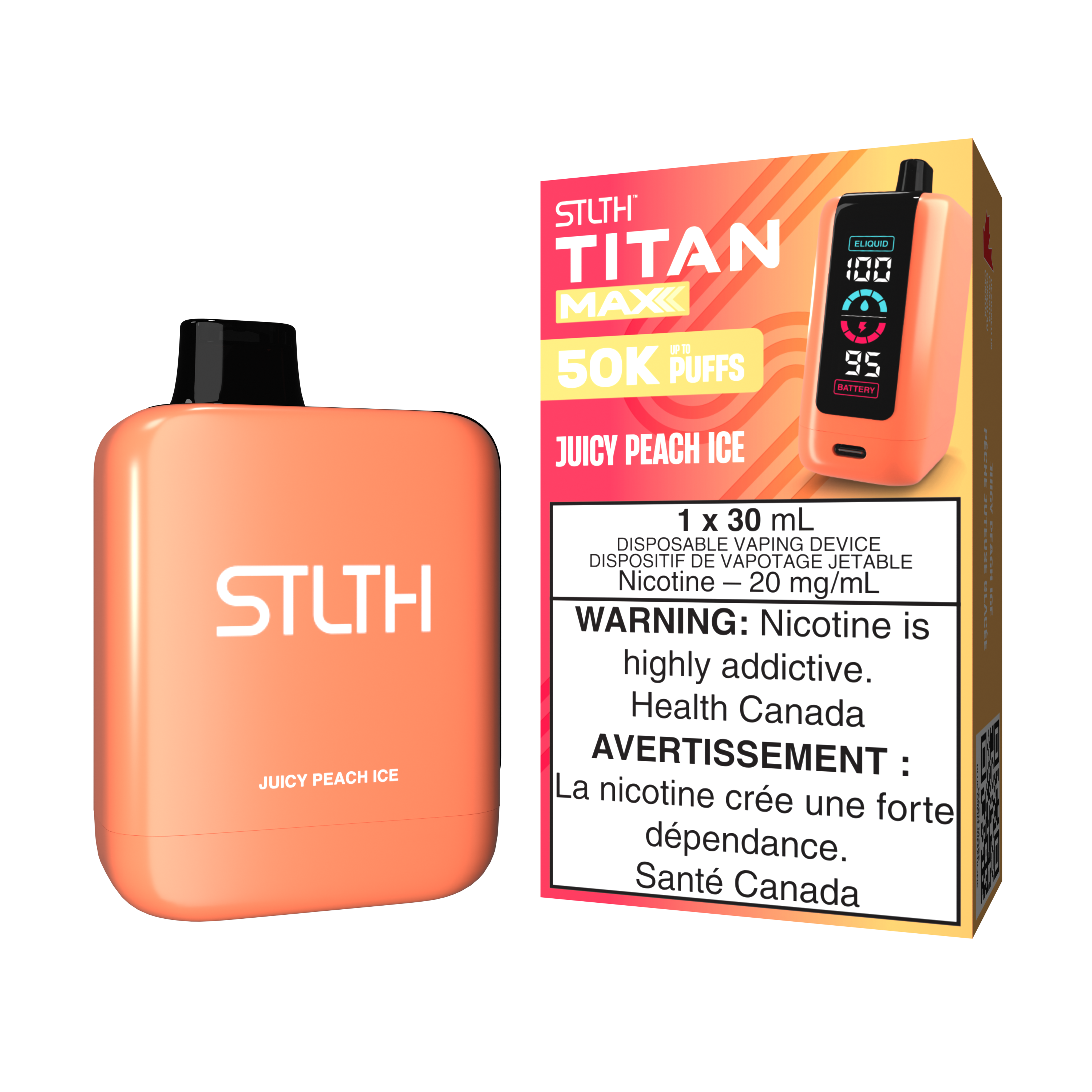 STLTH TITAN MAX Juicy Peach Ice disposable vape device with 30ML e-liquid for 50K puffs.